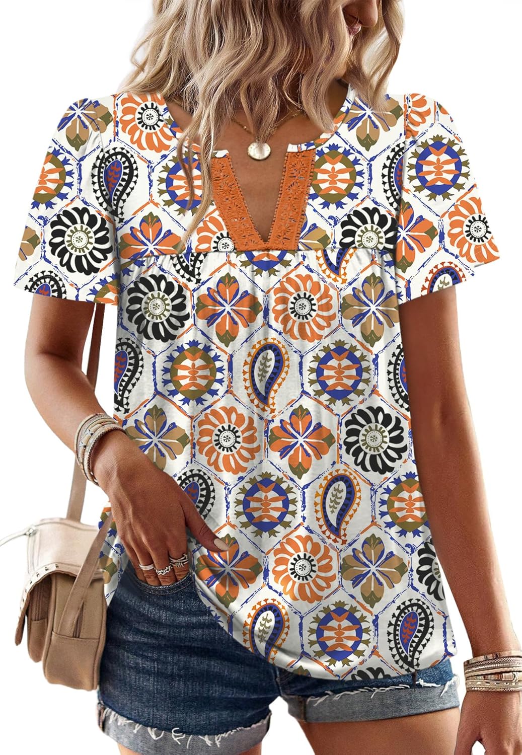 Womens Summer Tops Boho Short Sleeve Shirts V Neck Fashion Lace Blouses Dressy Casual Flowy Holiday Outfits