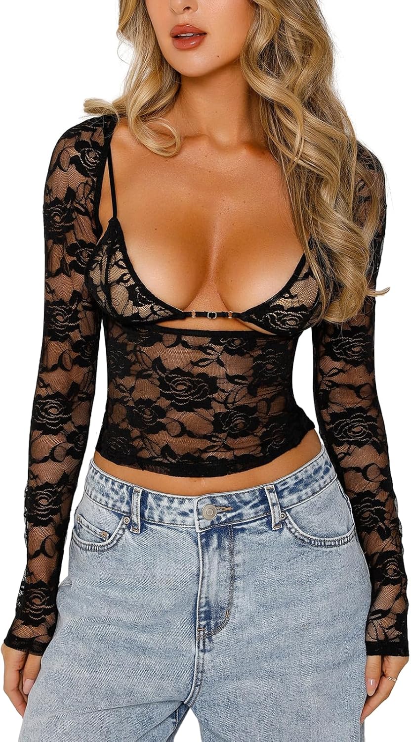 Women Y2K Floral Lace Top Low Cut Sheer Long Sleeve Fitted Crop Shirt with Bra Sexy Mesh Tee Tops Streetwear