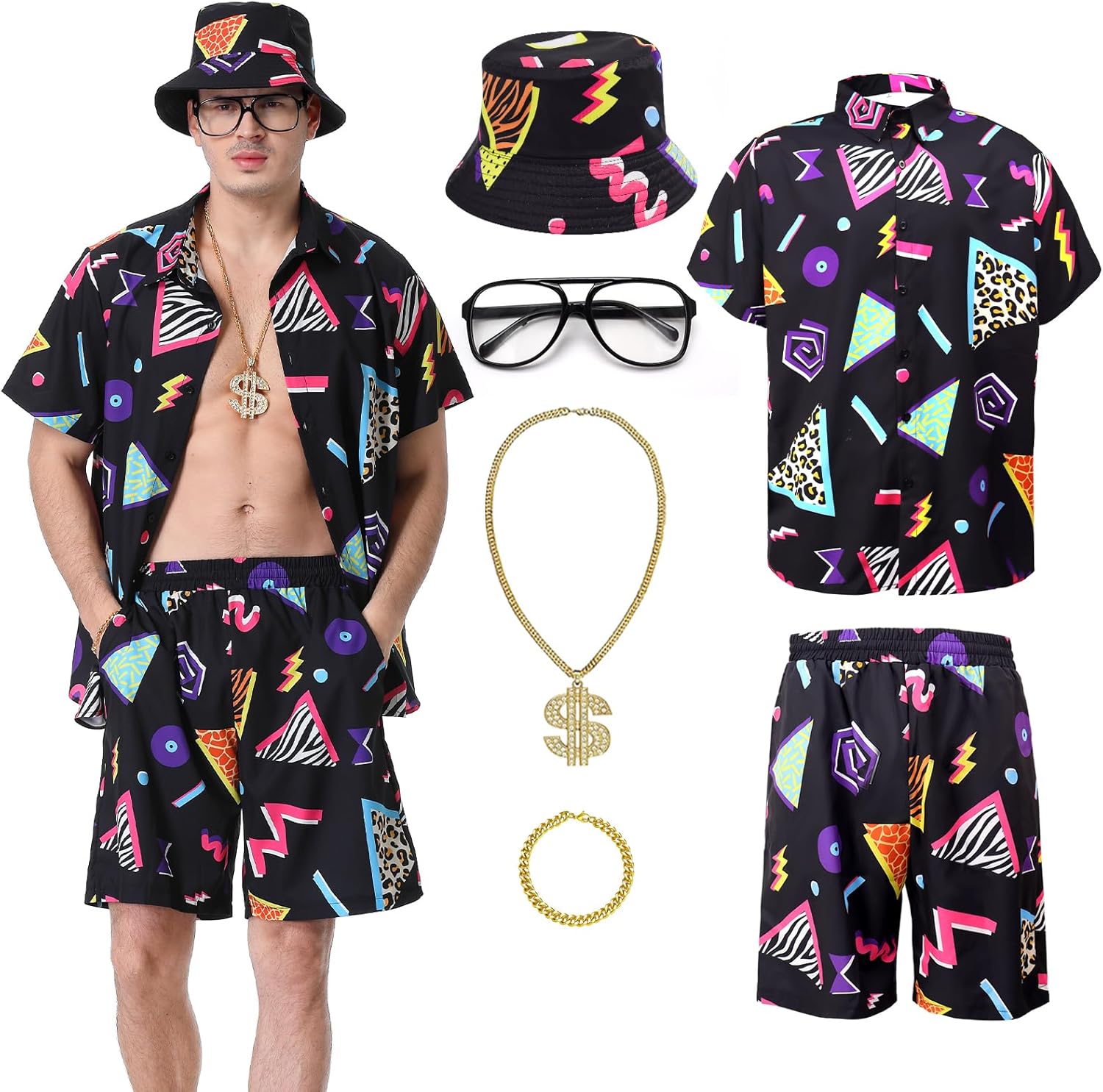 80s 90s Outfit Men Retro Shirts and Shorts Set, Men 80s Tracksuit 90s Neon Theme Outfit for Men Disco Party Beach