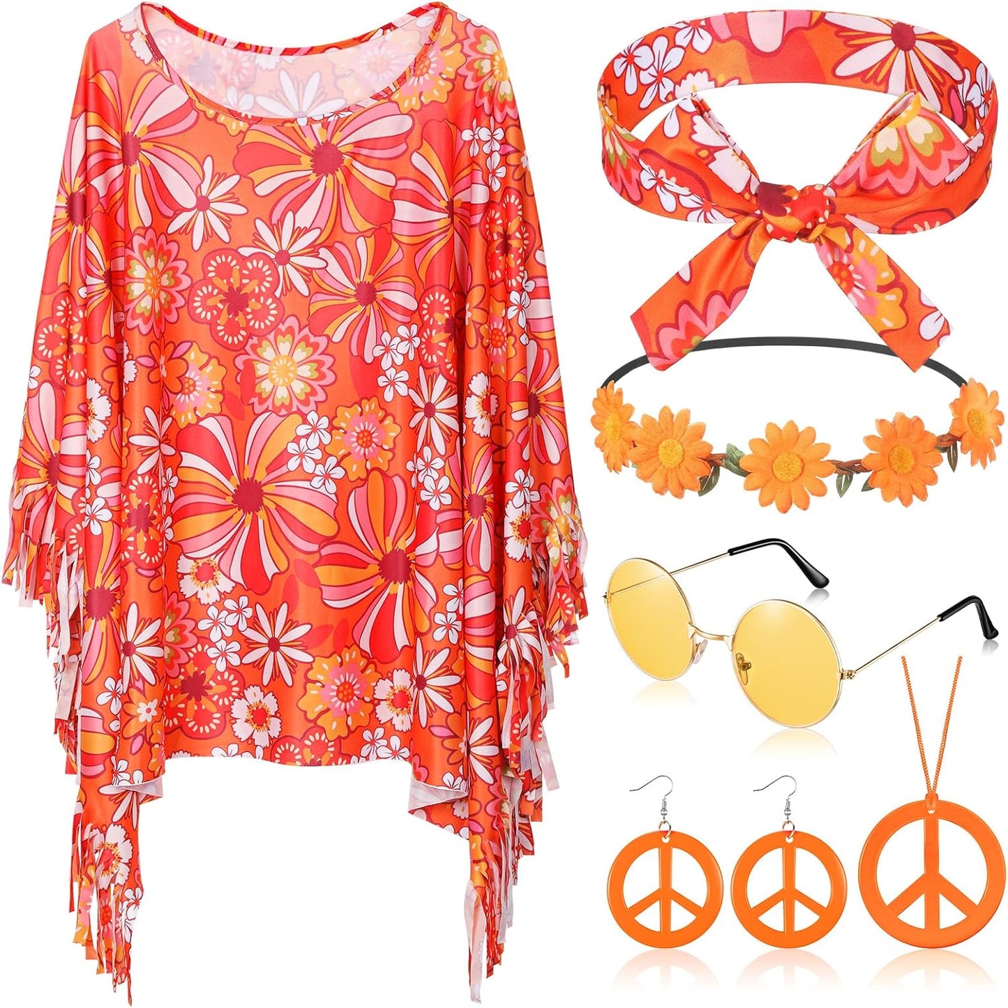 6 Pcs Hippie Costume Accessories Set Includes Headband Poncho Necklace Earrings Sunglasses for Women Girls
