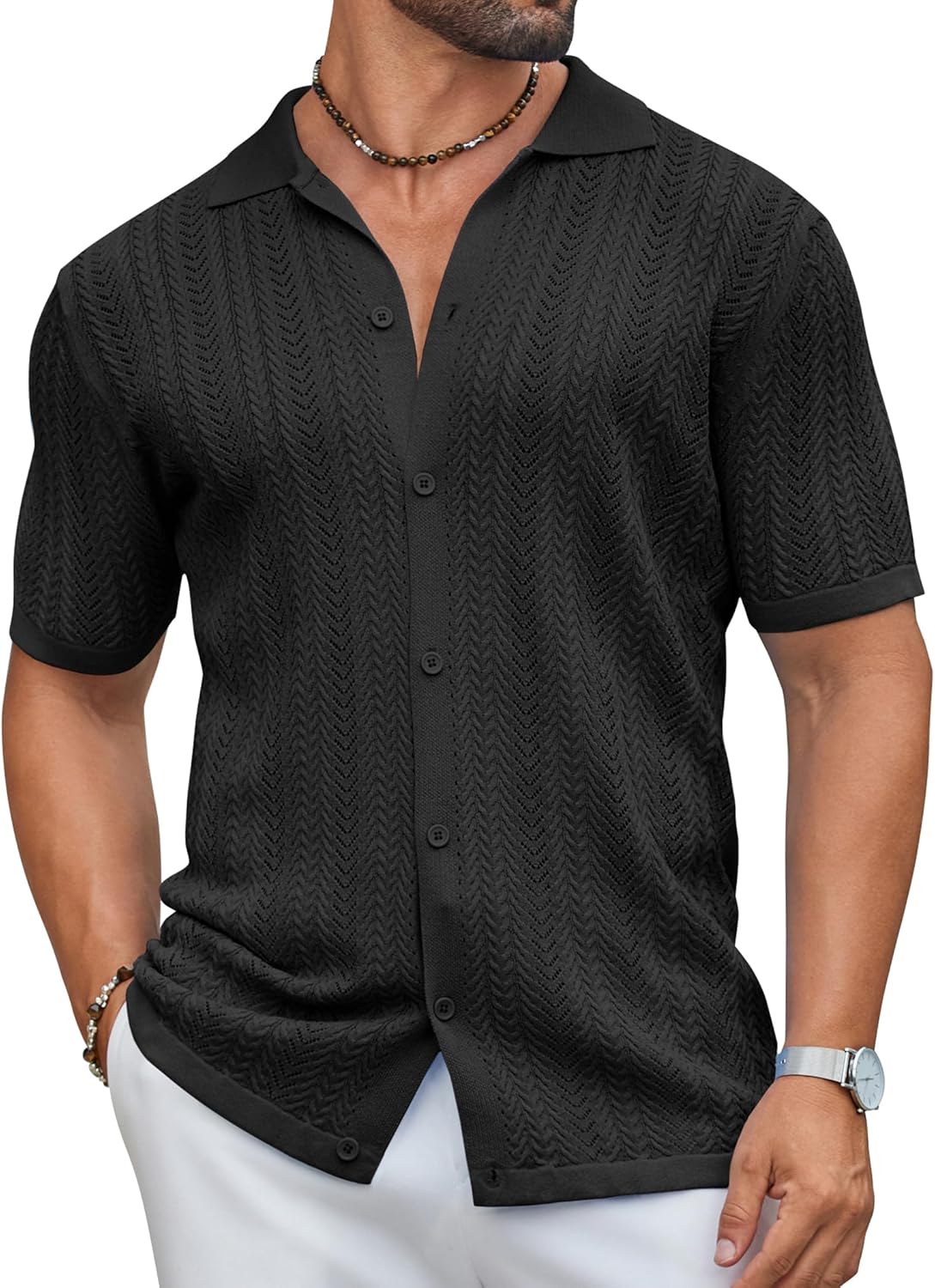 Mens Knit Shirt 2025 Short Sleeve Casual Button Down Shirt Summer Beach Vacation Shirts