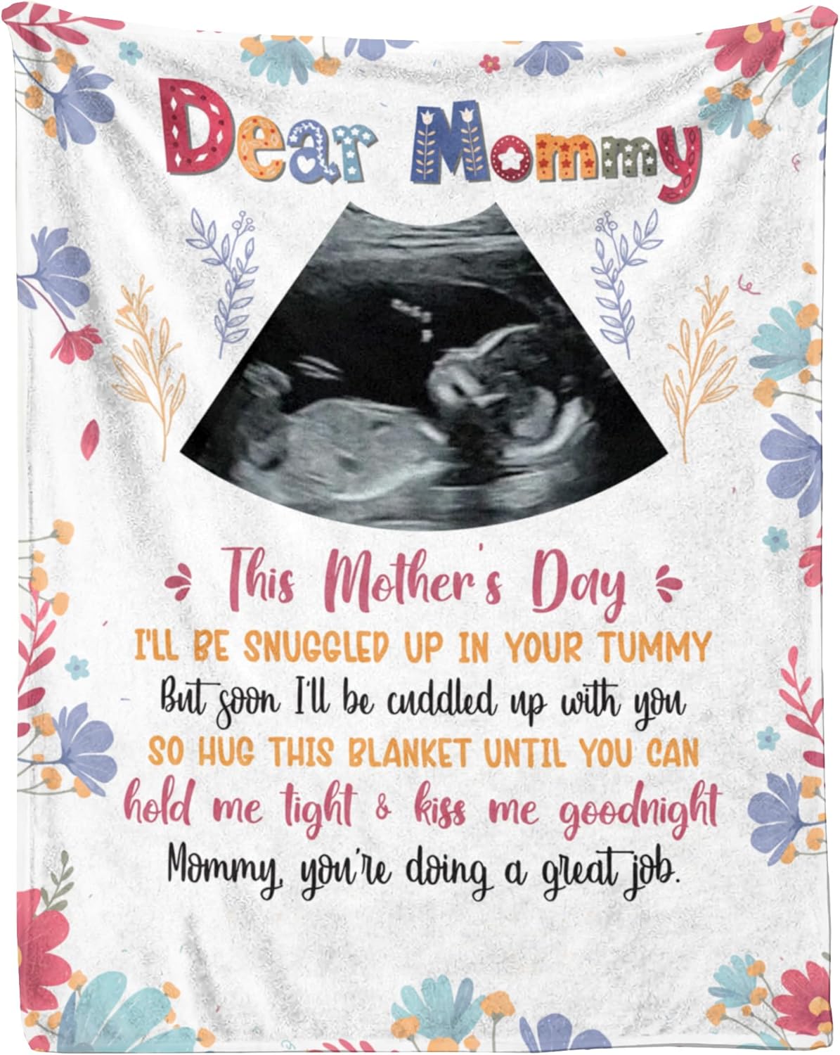 KiKiLuna Personalized Ultrasound Photo Dear Mommy Blanket, First for Expecting Mom, Flannel Throw Gift for Pregnant Women, Pregnancy Announcement Baby Bump Tummy Snuggle Quote