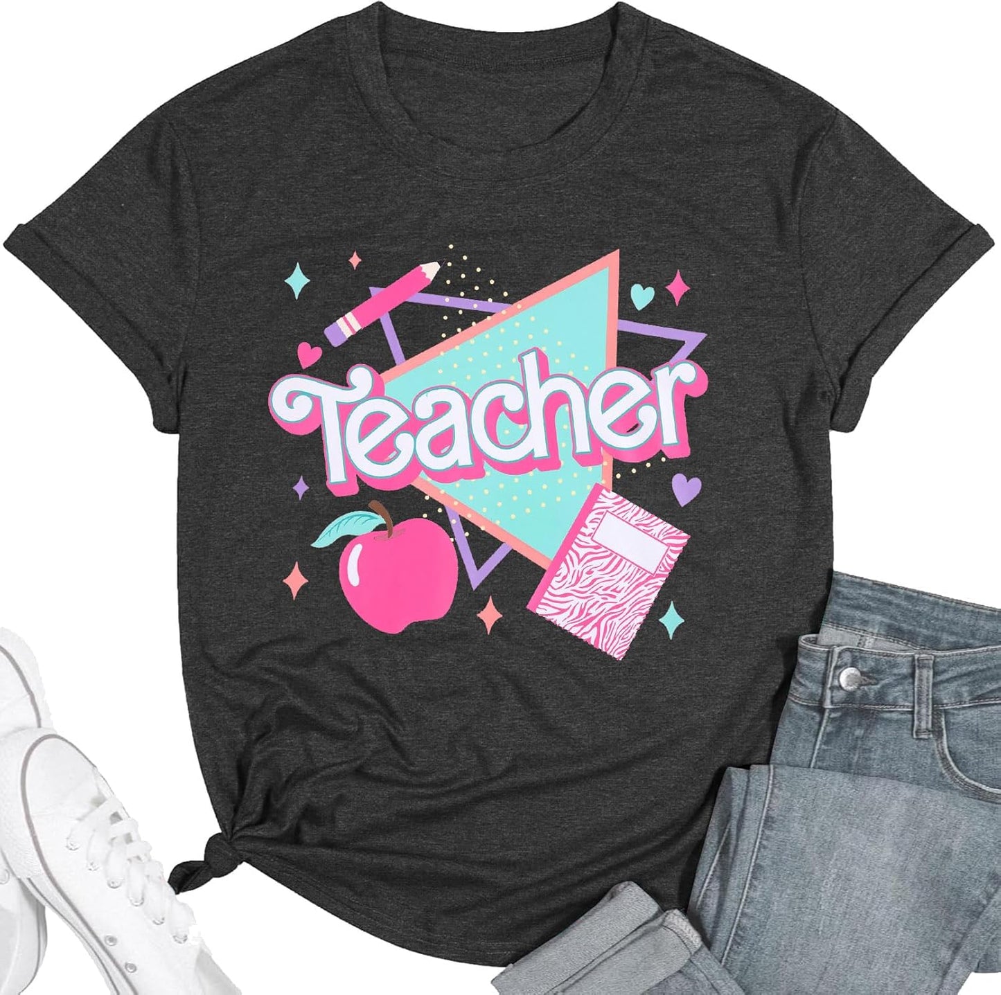 Teacher Shirts for Women Vintage 80s 90s Teacher Life Tee Back to School Teacher Gift Casual Short Sleeve Tops