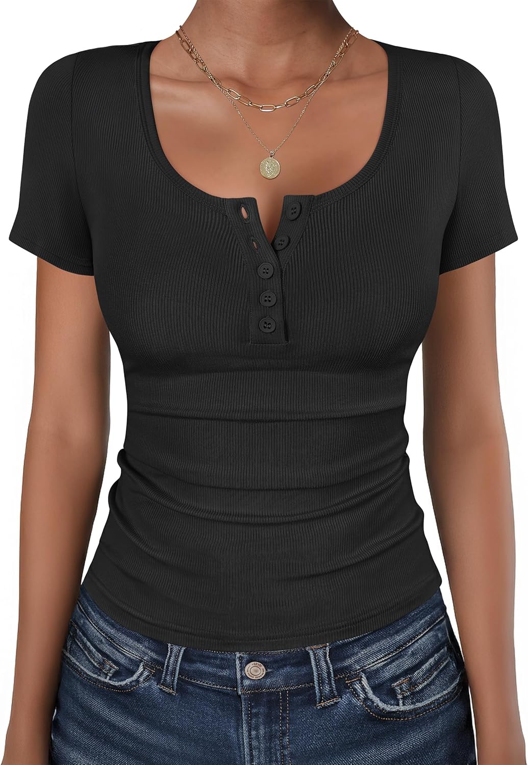 Womens Short Sleeve Henley Shirts Ribbed Slim Fitted Tee Summer Work Tops 2026 Button Blouse Spring Vacation Clothes