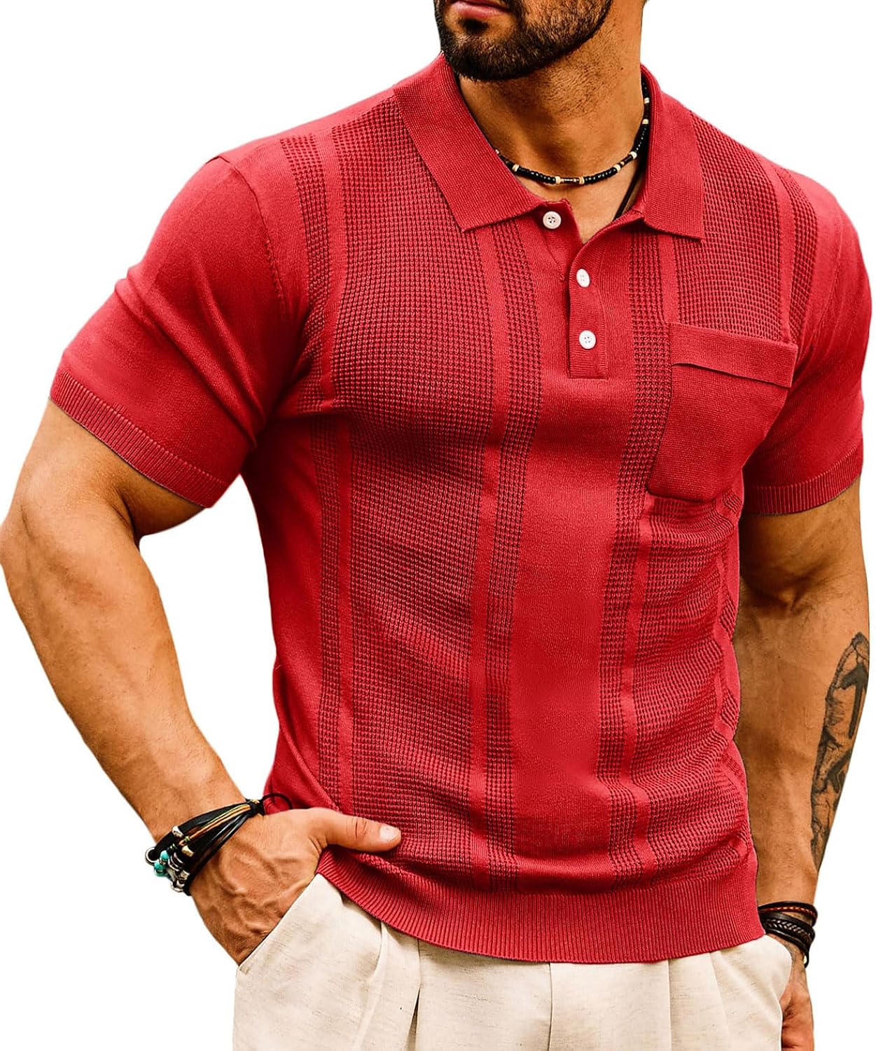 Mens Breathable Polo Shirts Short Sleeve Lightweight Knit Texture Golf Shirts Knitwear