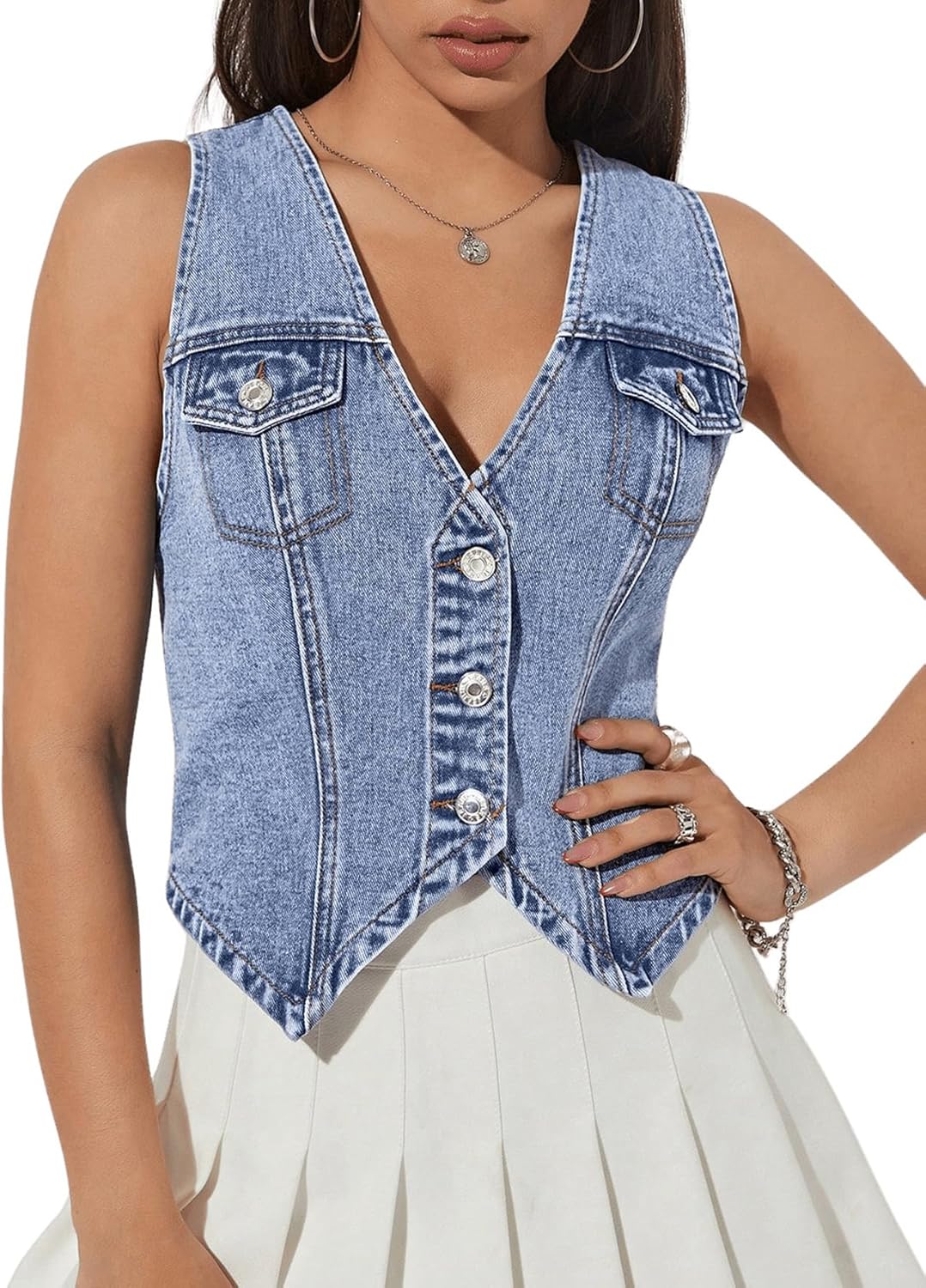 Women's Denim Vest Top Sleeveless Jean Vest Crop Denim Tank Top Flap Pocket Button Front Y2K Vest 2026