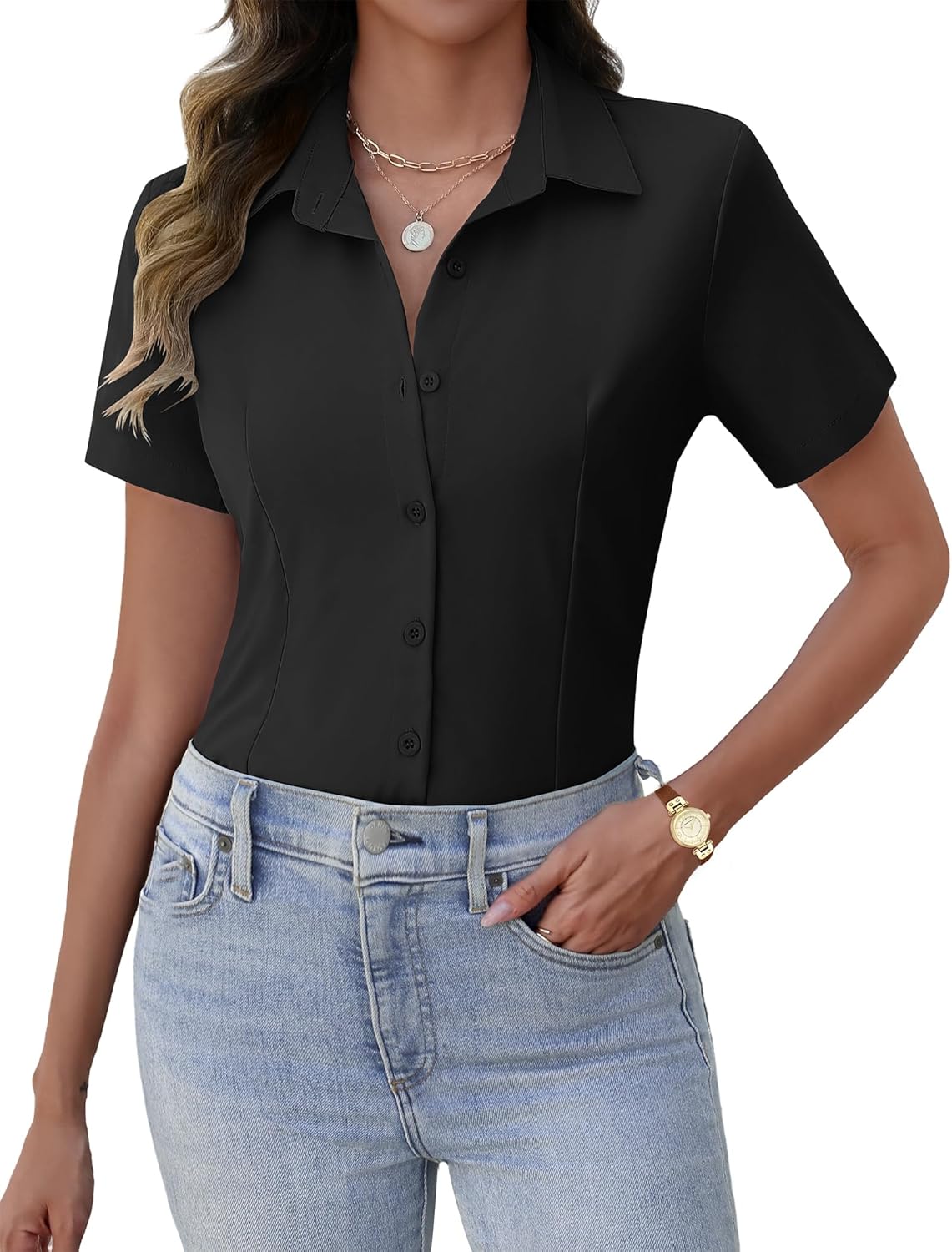 Women's Button Down Shirts Short Sleeve Dress Shirts Basic Business Collared Work Blouses