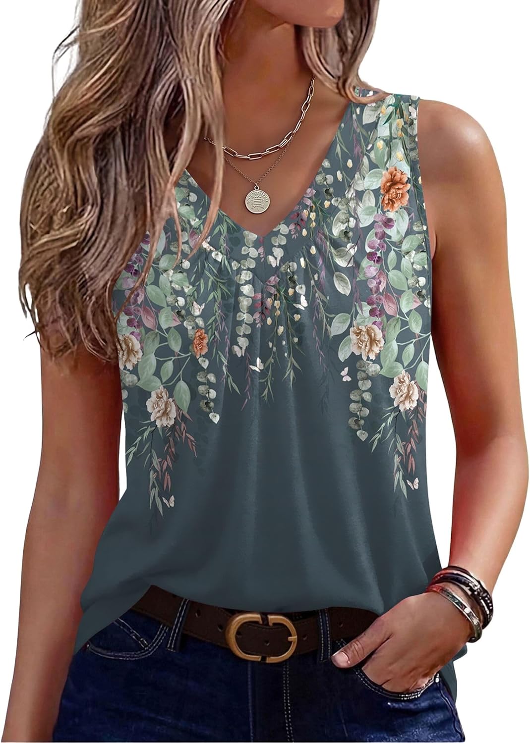 Womens Tank Tops Summer Sleeveless Loose Fit Tops V Neck Pleated Shirts Basic Tees Dressy Casual Trendy Clothes