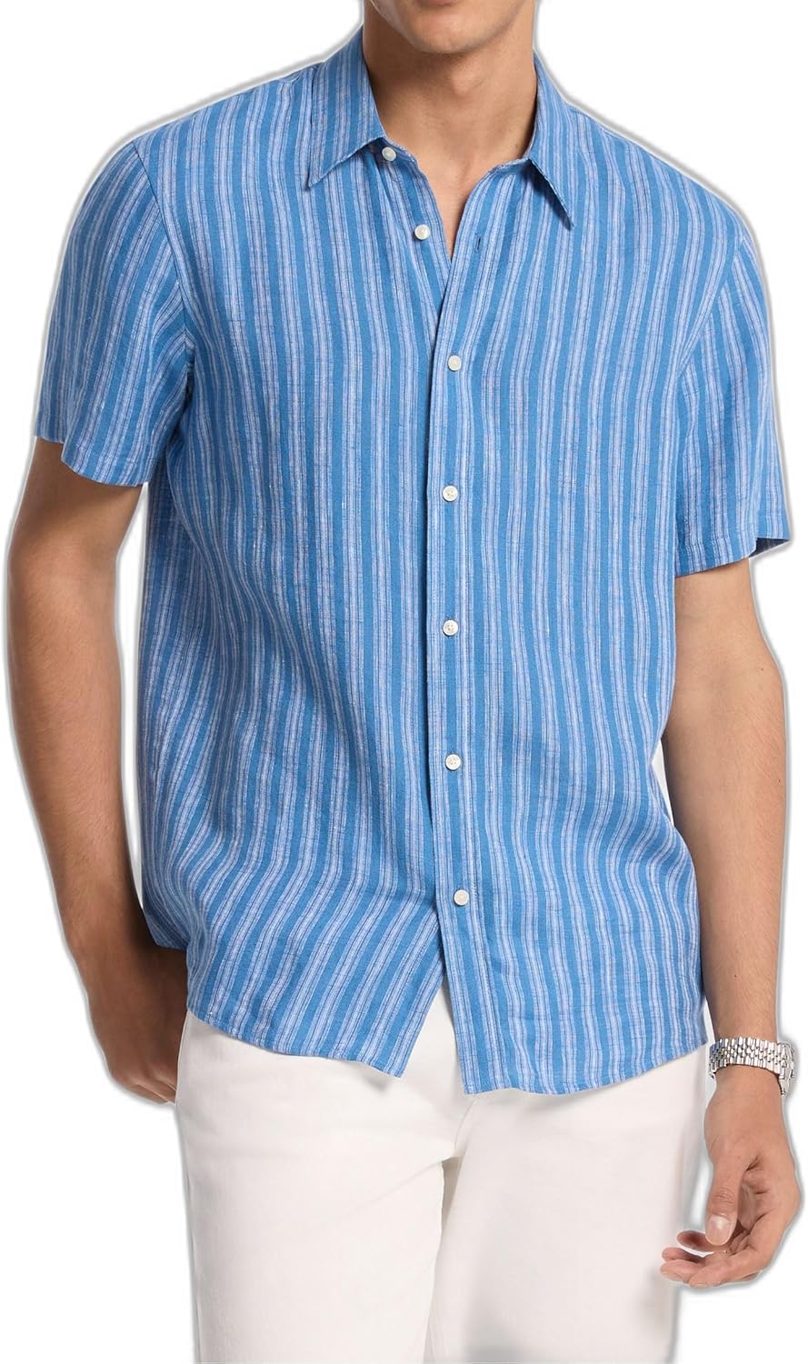 Men's Short Sleeve Linen Striped Classic Fit Shirt