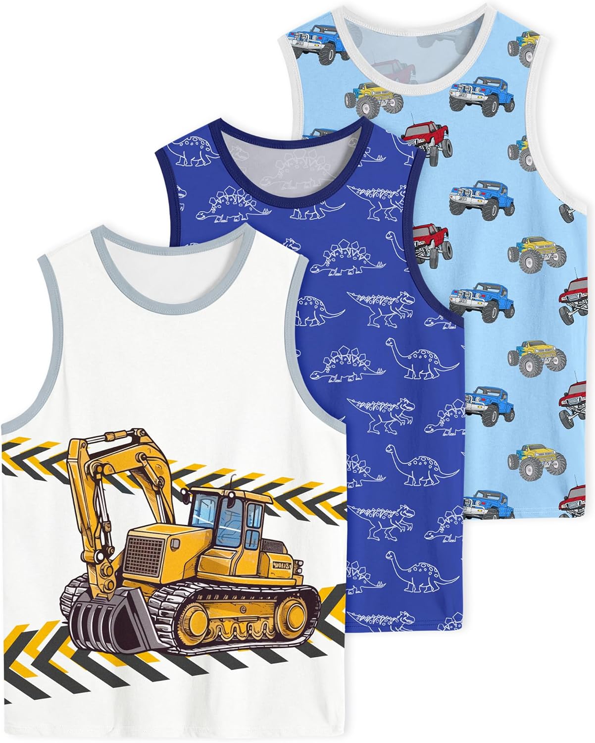 Boys Tank Tops Toddler Sleeveless Undershirts Kids Crew Neck 3-Pack Dinosaur Excavator Soft Tank Set 3-8 Years
