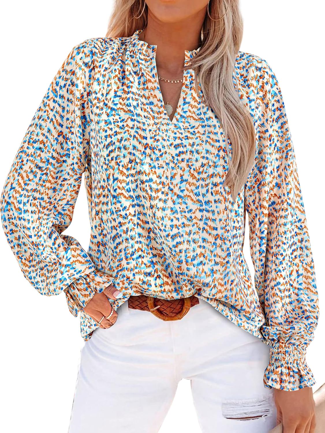 Womens V Neck Floral Long Sleeve Tops 2026 Summer Casual Loose Puff Sleeve Chiffon Boho Work Blouse Dressy T Shirts