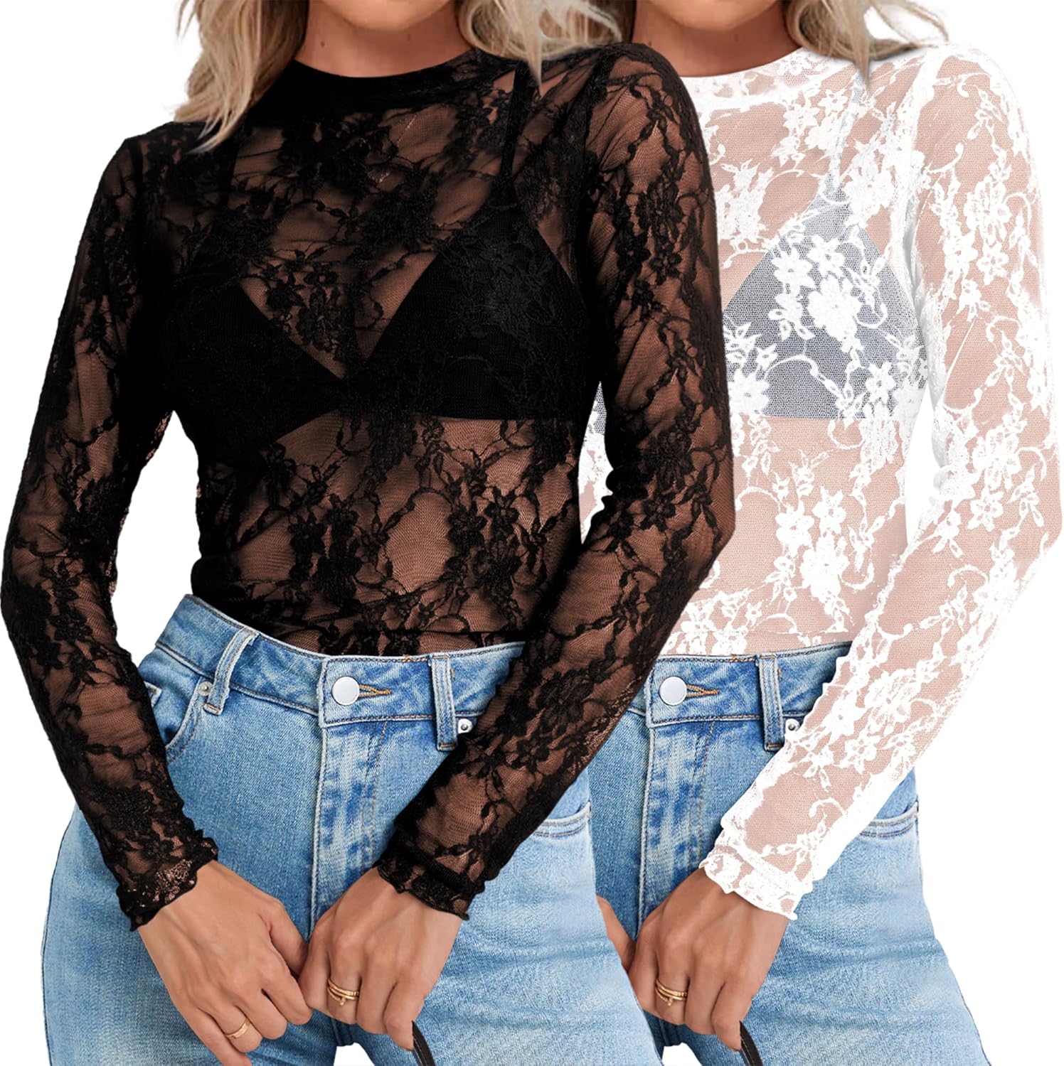 Womens Mesh Lace Long Sleeve Tops Mock Neck See Through Shirts Casual Blouses