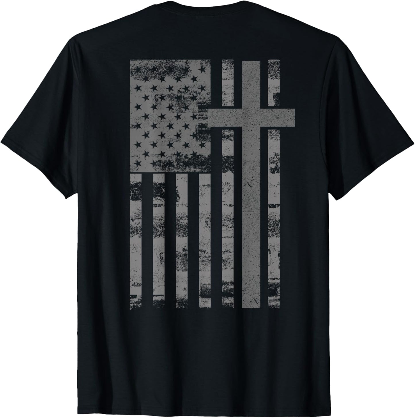 (Art on Back) American Flag Christian Faith Cross Patriotic T-Shirt
