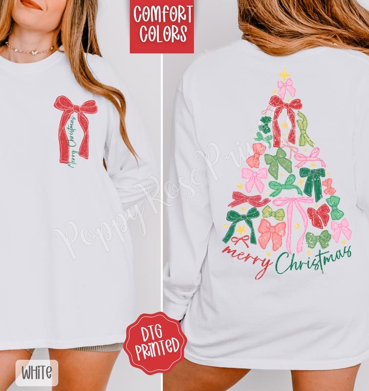 Bow Christmas Tree Comfort Colors Long Sleeve T-Shirt, Cute Women's Holiday Graphic Tee
