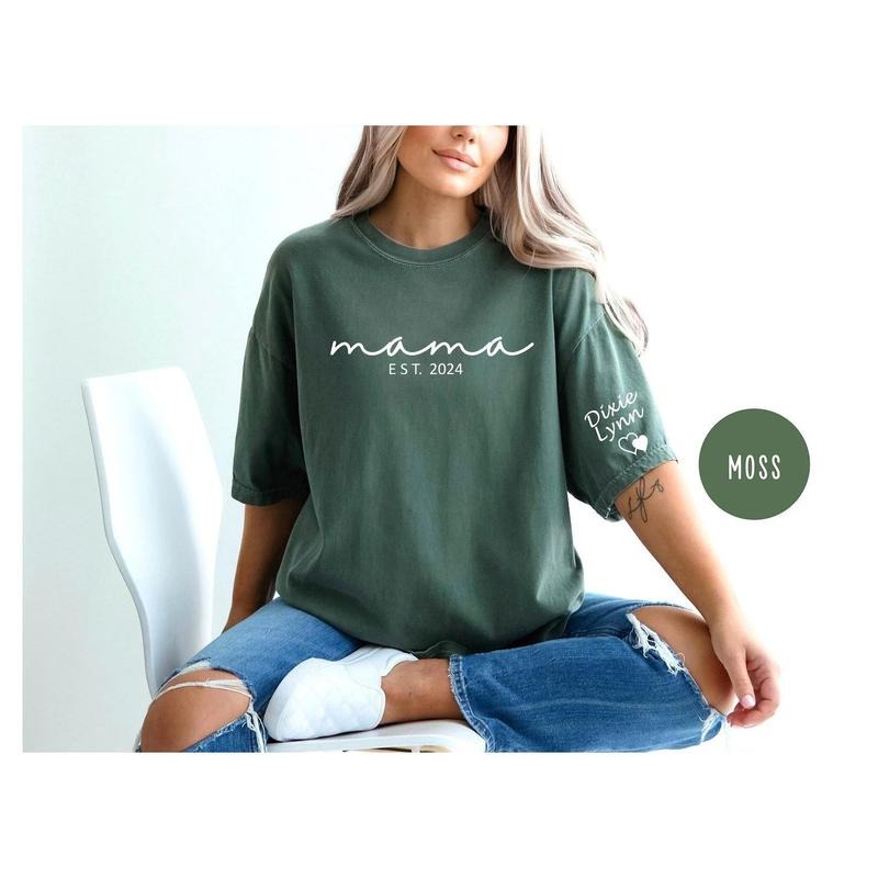 Comfort Colors Custom Mama Shirt with Kid Name on Sleeve,Personalized Mom Shirt,New Mom Gift,Gift for mom,Mothers Day,Pregnancy Announcement