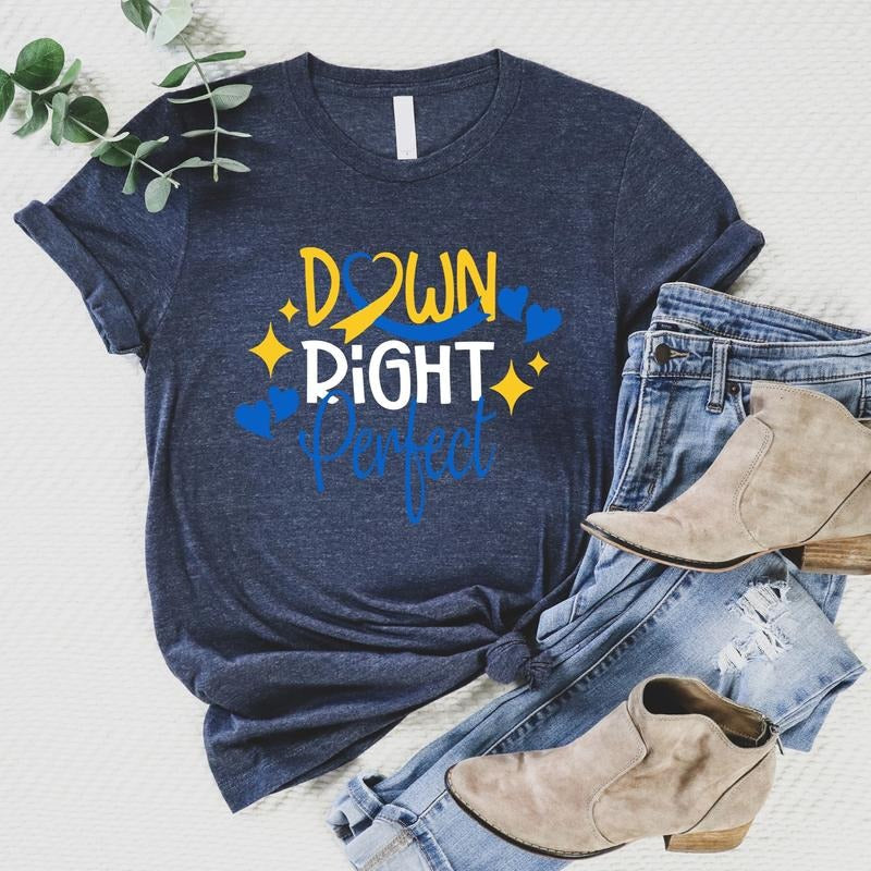 Down Right Perfect Shirt, Down Syndrome Awareness T-Shirt, Extra Chromosome Tee, Unisex Yellow And Blue Ribbon Support Tee, Cute Down Trisomy Gift Tee.
