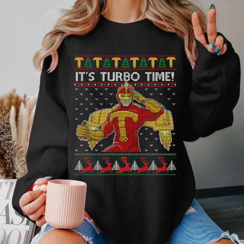 Jingle All The Way Ugly Christmas Sweater, Turbo Man It's Turbo Time Ugly Christmas Sweater Shirt Family Christmas Xmas Gifts