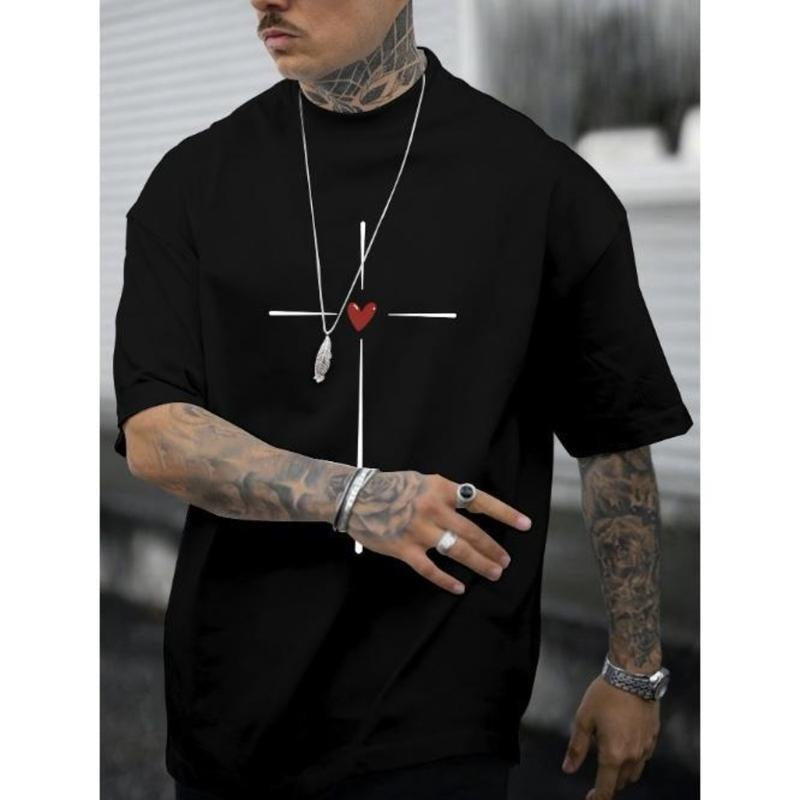 Love Heart Graphic Print Men's Creative Top, Casual Short Sleeve Crew Neck T-shirt, Men's Clothing For Summer Outdoor Made In USA