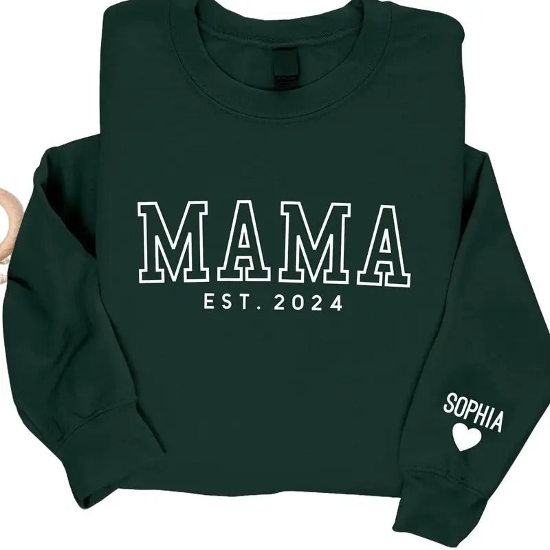 Mama Sweatshirt, Custom Kids Name On Sleeve Printed Jumper, Christmas Sweater for Mum, Personalised Crewneck Top, Grandmother Birthday Gifts