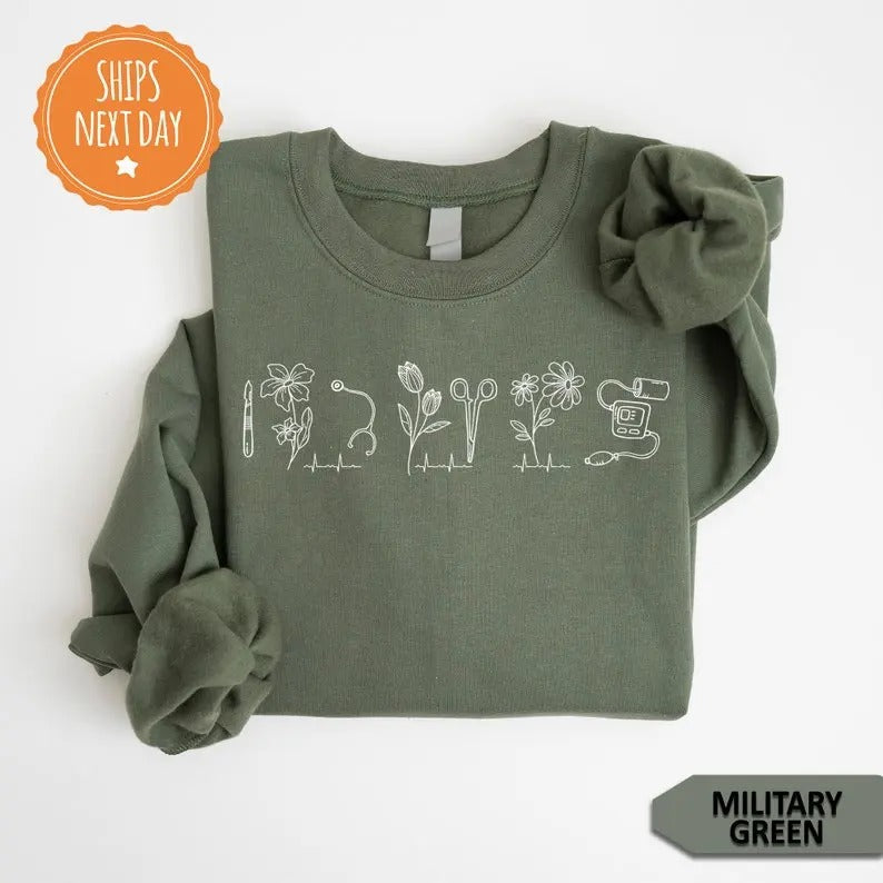 Medical Sweatshirt, Nurse Modern Crewneck - Floral Minimal Sweater - Nicu - Picu - Dr - Peds - L&D - MBU Love Fabric  Fitted Hoodie Oversized Spandex Menswear Apparel