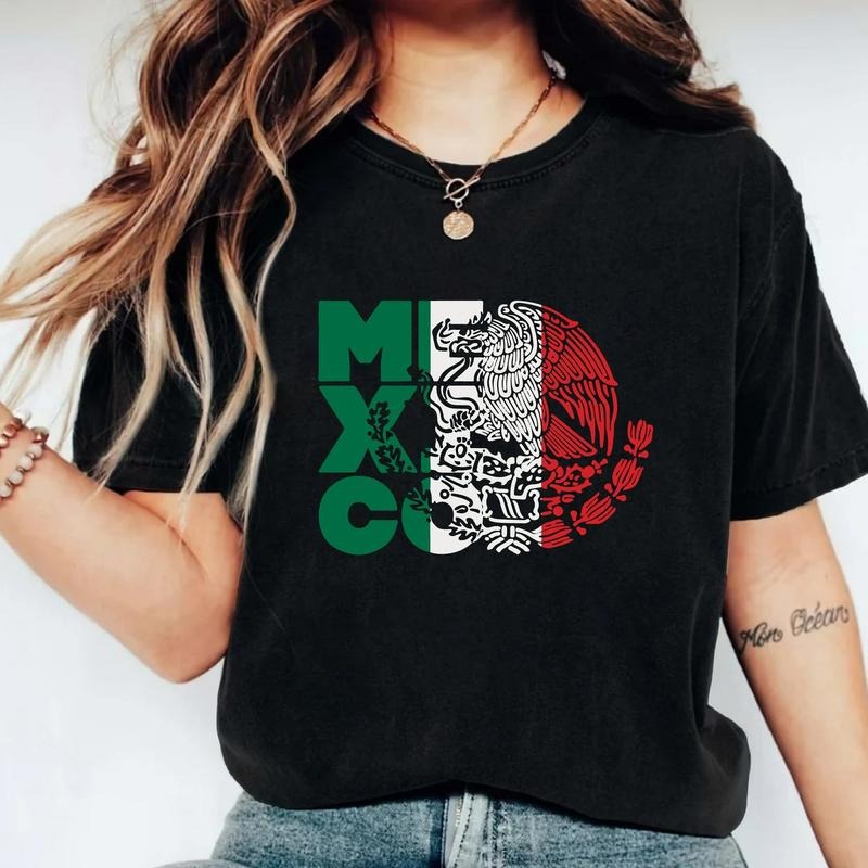 Mexico Flag Shirt, Independencia De Mexico T-Shirt, Unisex Mexican Festival Gift Tee, Matching Mexican Eagle Tee, Coat Of Arms Of Mexico Tee Cotton Casual