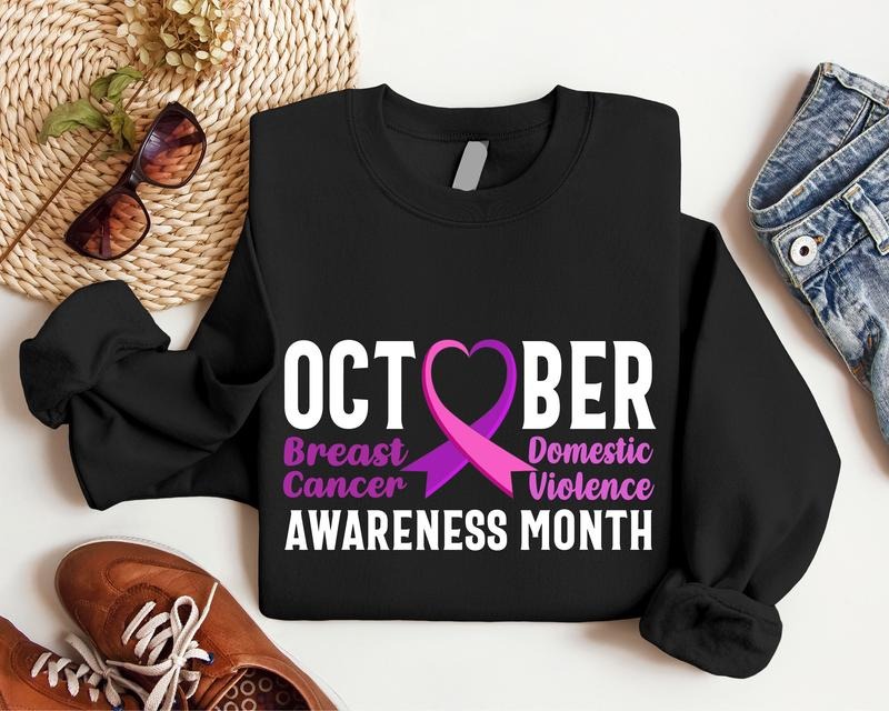 October Awareness Month Sweatshirt, Breast Cancer Awareness Hoodie, Domestic Violence Sweatshirt, Purple And Pink Ribbon Hoodie, Warrior Support Long Sleeve, Survivor Gift Sweatshirt For Mom.