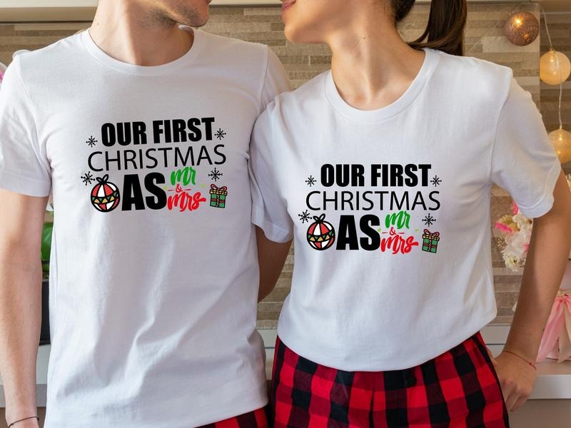 Our First Christmas As MR And MRS Shirts, Matching Couples Christmas T-Shirt, New Married X-mas Gift Tee, Wife Husband Holiday Party Tees, Christmas Wedding