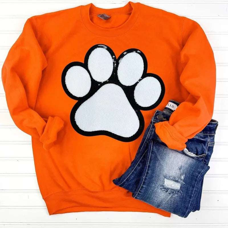 Paw Chenille Sequin Patch Sweatshirt -- ORANGE