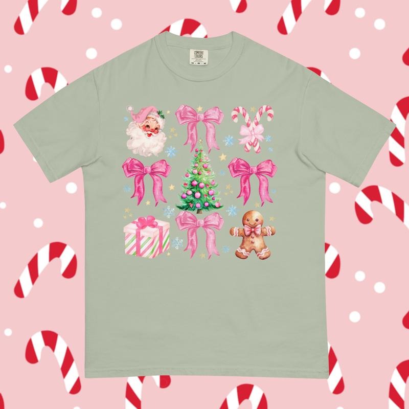 Pink Christmas Doodles Women's Oversized Cotton T-Shirt - Festive Printed Design, Crew Neck, Short Sleeve, Casual Style, Medium Length
