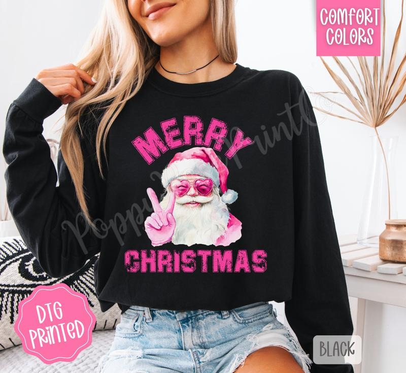 Pink Merry Christmas Santa Comfort Colors Long Sleeve T-Shirt, Cute Women's Holiday Tee