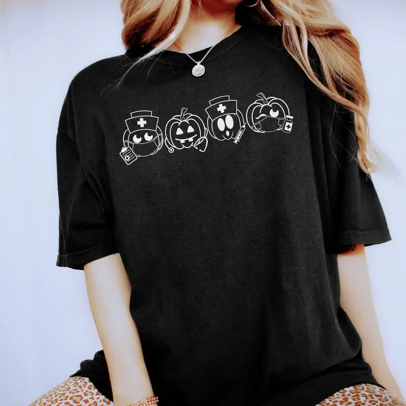 Pumpkin Nurse Comfort Colors Shirt, Cute Halloween Nurse T-Shirt, Hospital Fall Shirts, Autumn RN TShirt, NICU Gift  Collar Garment