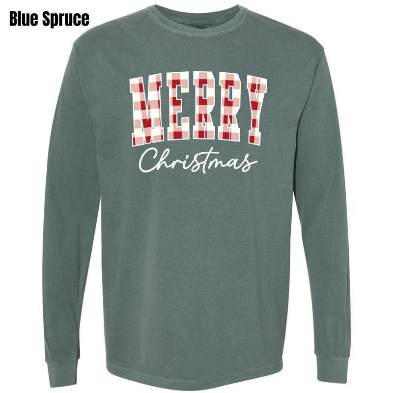 Red Gingham Merry Christmas Long Sleeve Comfort Colors T-Shirt 'NLB'