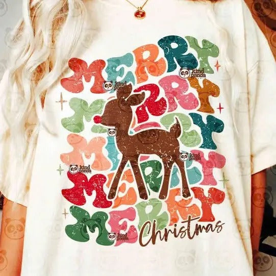 Retro Reindeer, Merry Christmas Christmas Sublimation T-Shirt