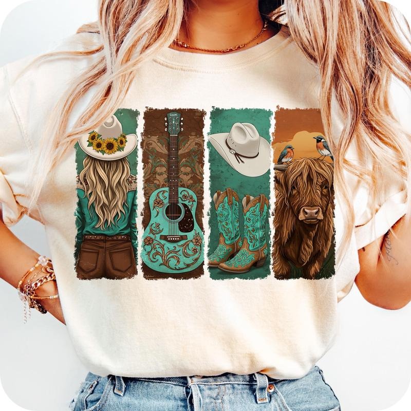 Retro Western Cowgirl T- Shirt, Western Turquoise T- Shirt, Cowboy Boots T- Shirt, Cowprint T- Shirt Comfort Colors