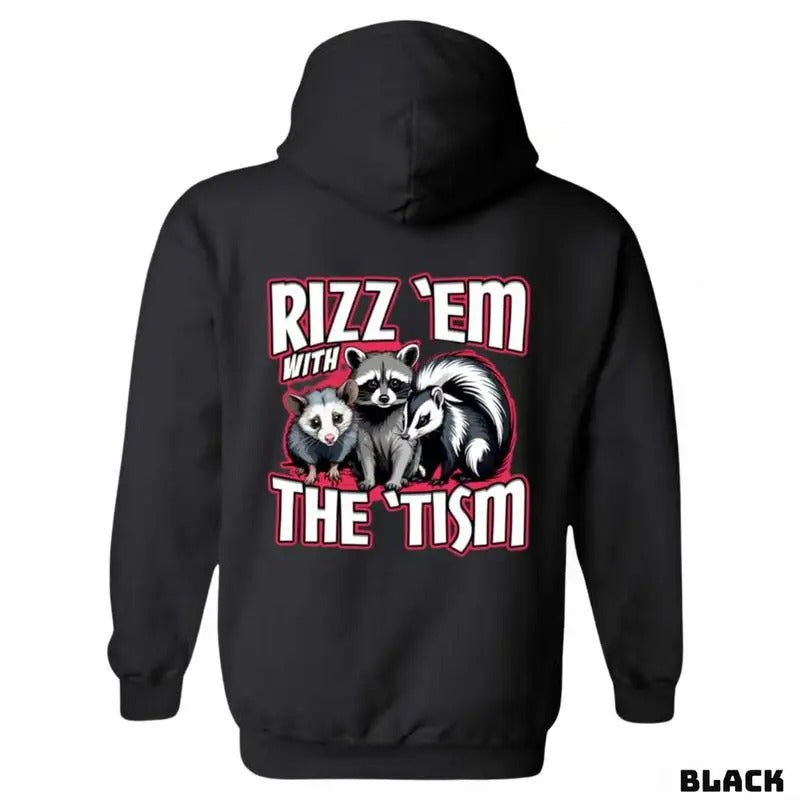 Rizz 'Em With The 'Tism sweatshirt-tshirt-hoodie, Featuring a playful tshirt of raccoons and skunks, perfect for both men and women who enjoy fun and quirky styles, offering exceptional. Menswear