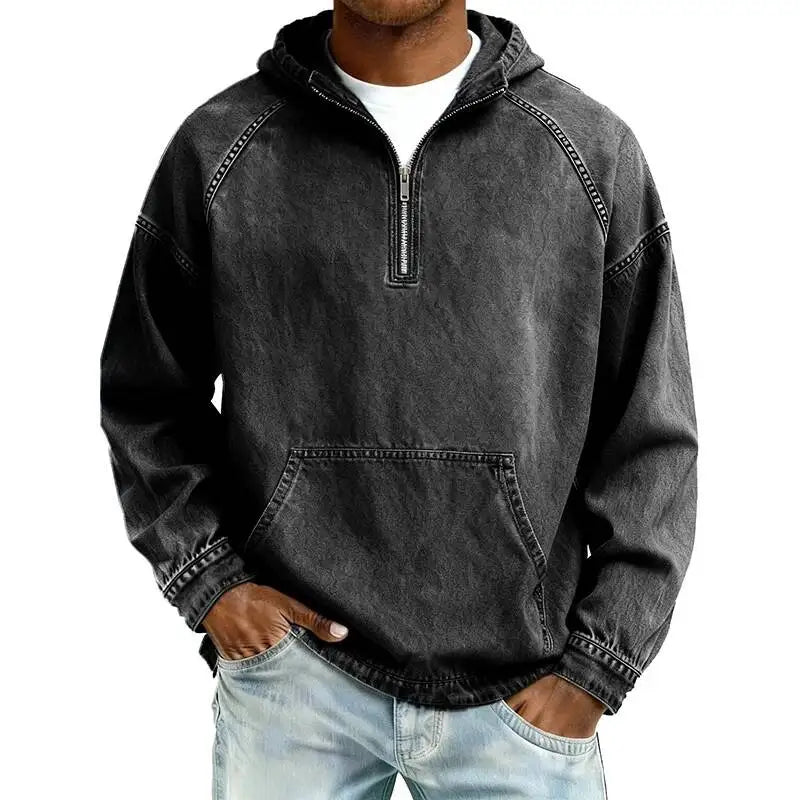 Men's Denim Hooded Sweatshirt - Long Sleeve Half-Zip Hoodie, Casual, Solid Color, Autumn Top