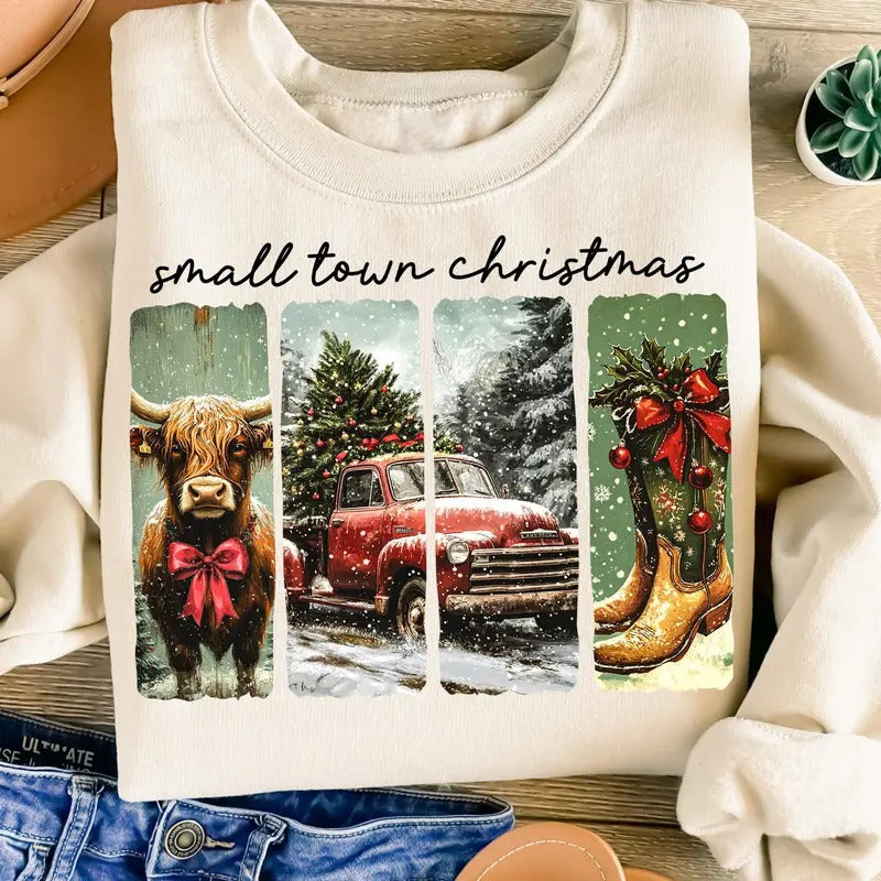 Small Town Christmas Tshirt Sweatshirt, Cowgirl Western Outfit, Small Town Girl Christmas, Cow Christmas Shirt, Unisex Sweater Pullover Tee