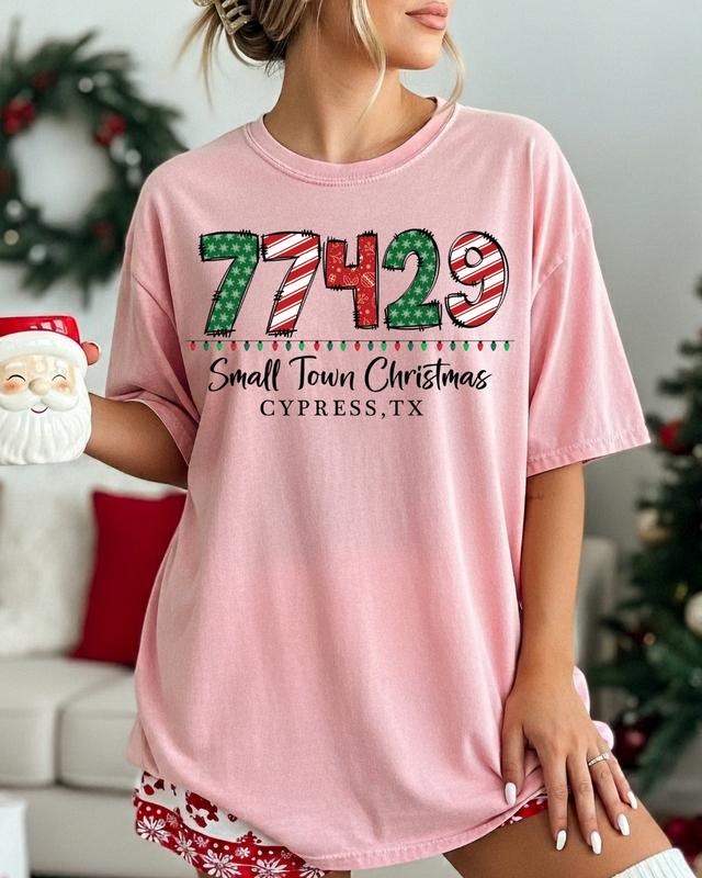 Small Town Christmas Zip Code T-Shirt, Comfort Colors Christmas Shirt, Pink Christmas Shirt, Retro christmas Shirt, Cotton Fabric Womenswear Top Printed Oversized Women