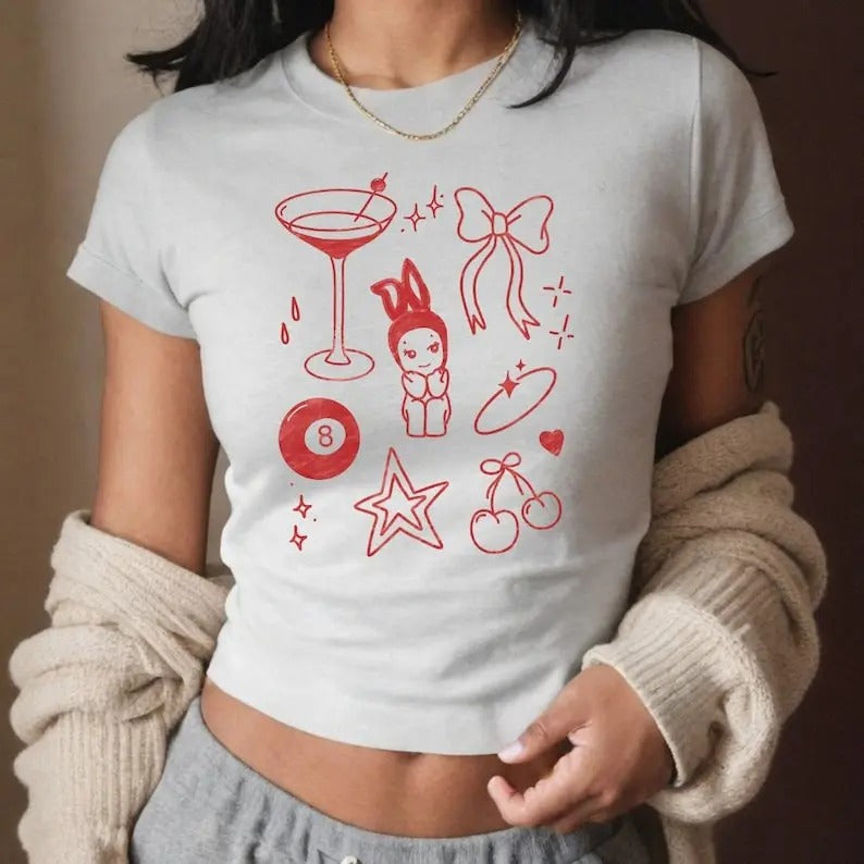 Sonny Angel Baby Tee coquette bow cherry cropped tee vintage graphic baby tees streetwear women street style print