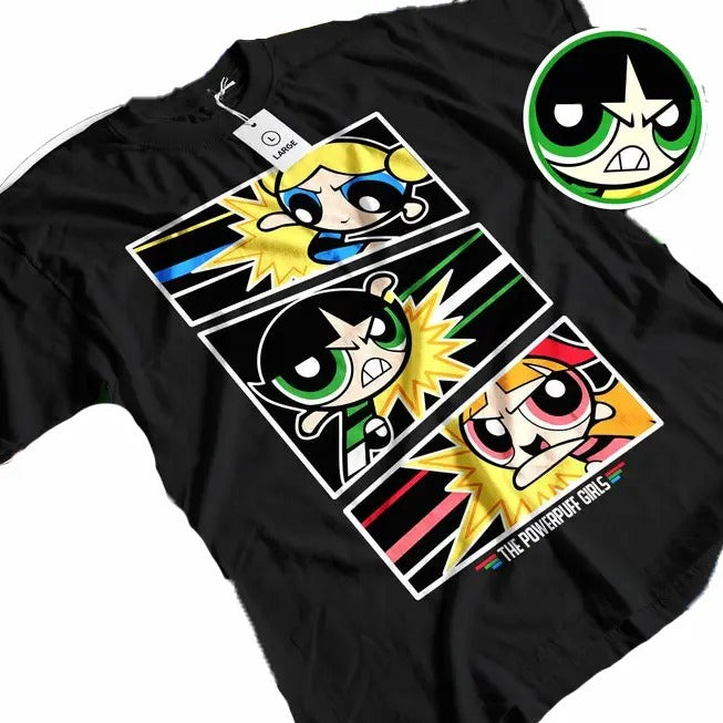 Unisex Powerpuff Trio Action T-Shirt - Cartoon Heroine Tee, Animated Girls Apparel, Superhero Sister Style, Blossom Bubbles Buttercup Gear