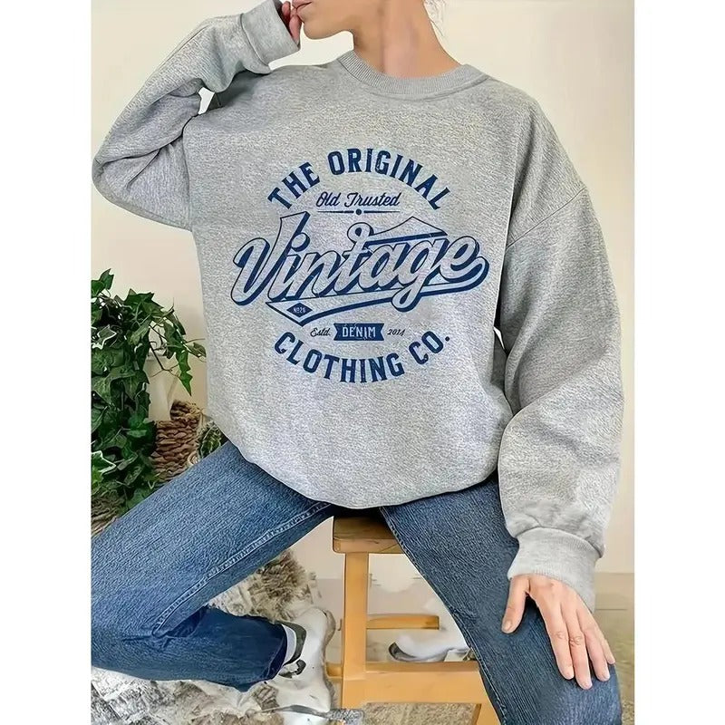 Vintage Letter Print Sweatshirt, Casual Long Sleeve Crew Neck Sweatshirt, Women's Clothing
