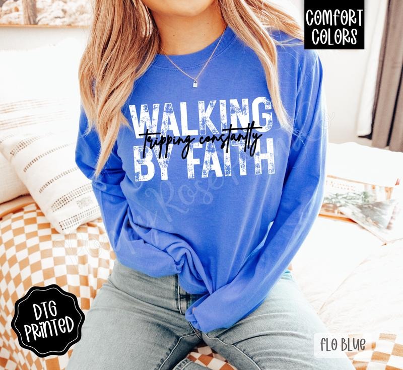 Walking By Faith Comfort Colors Long Sleeve T-Shirt, Cute Women's Religious Tee