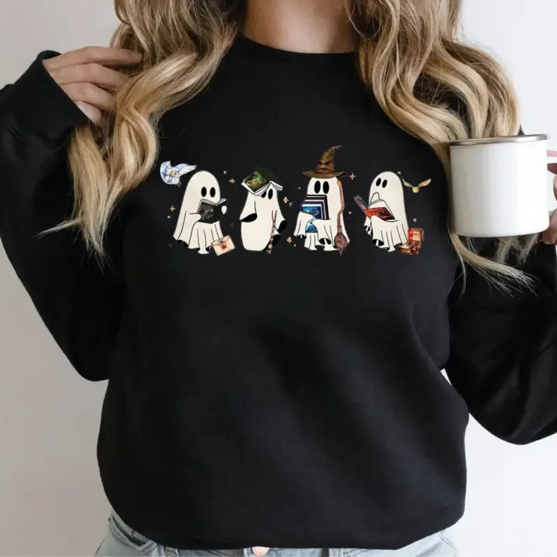 Wizard Ghost Book Sweatshirt, Ghost Bookish Shirt, Wizard Ghost Sweater, Halloween Gift For Book Lovers, Bookish Halloween,Unisex Long Sleeve Crewneck