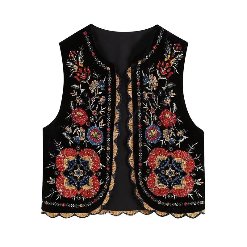 Women Vest, Sleeveless Open Front Embroidery Flower Outwear Gilet for Casual Street Womenswear Basic