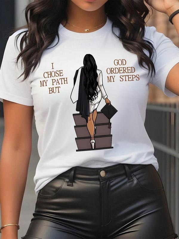 Women's Cartoon & Letter Print Round Neck Tee, Fashion Casual Short Sleeve T-shirt, Ladies Summer Clothes for Daily Wear