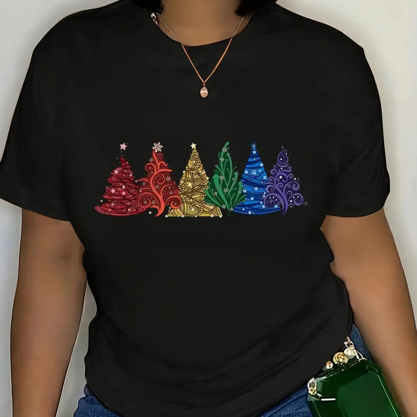 Women's Christmas Tree Print Round Neck Tee, Fashion Casual Short Sleeve T-shirt, Ladies Summer Clothes for Daily Wear