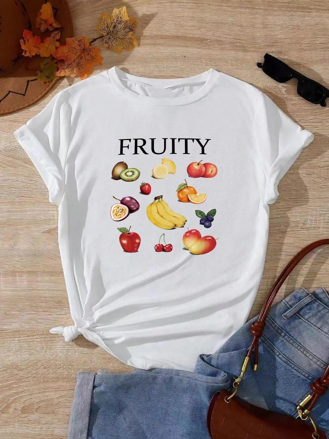 Women's Letter & Fruit Print Short Sleeve Tee, Casual Round Neck T-shirt for Summer, Fashion Women's Top for Daily Wear