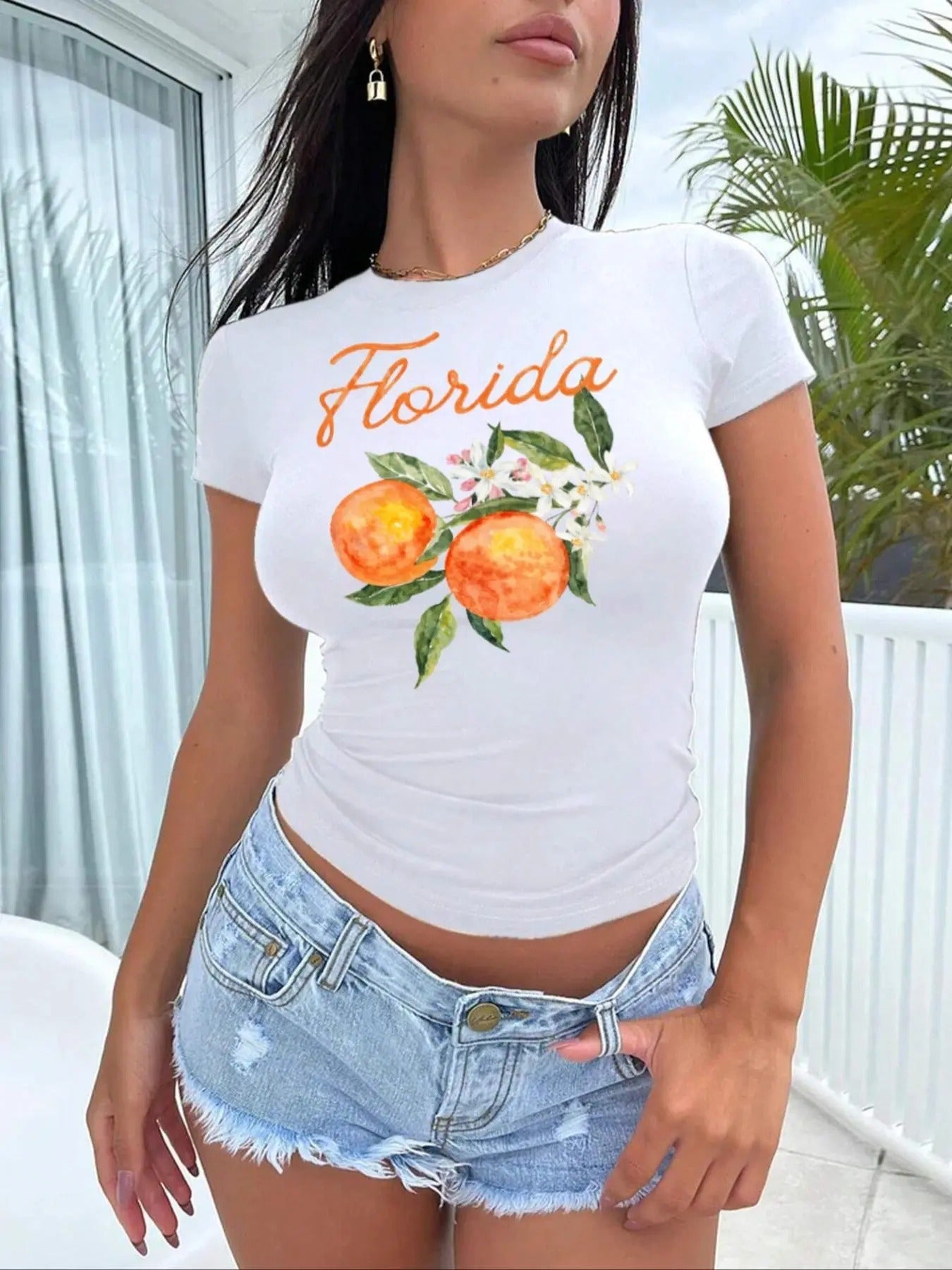 Women's Letter & Orange Print Round Neck Tee, Casual Short Sleeve Crew Neck T-Shirt for Summer, Fashion Women's Top for Daily Wear
