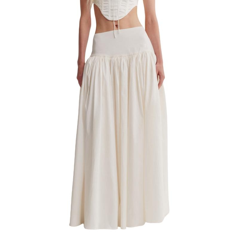 Women's Long Skirt Loose Fitting Elastic Waist Ruched Detail Solid Color Skirt for Spring Summer Lady Womenswear