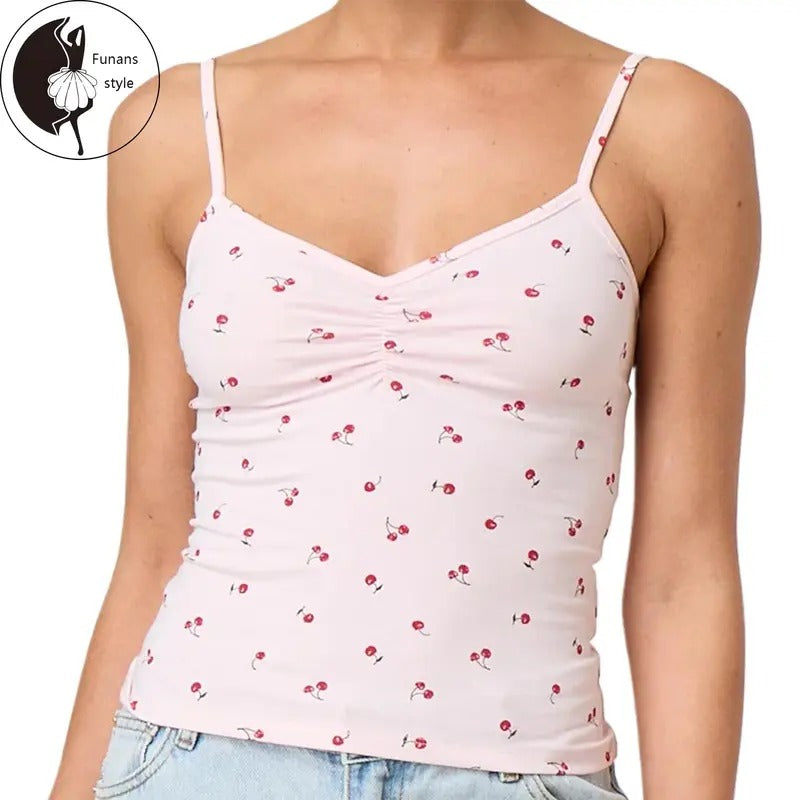 Women's V Neck Cami Tops Sleeveless Spaghetti Strap Cherry Print Camisole Summer Shirt